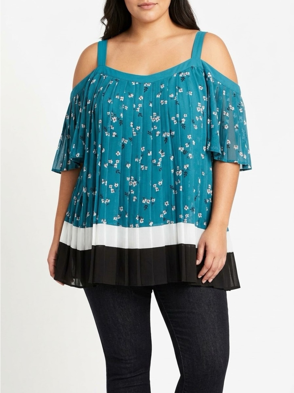 Lane Bryant Teal Floral Cold-Shoulder Pleated Tunic